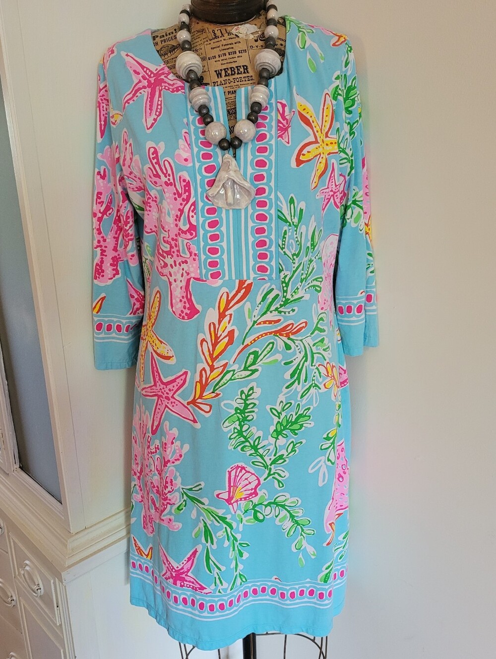 Barbara Erickson Floral-Print Shift Dress in Aqua with Pink & Lime Medium